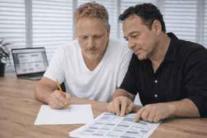 Twee mannen bespreken samen de opzet van een website aan tafel met wireframes en notities